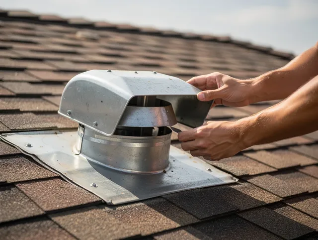 West Hollywood Dryer Vent Cleaning certified technician safely cleaning a roof-mounted dryer vent in West Hollywood